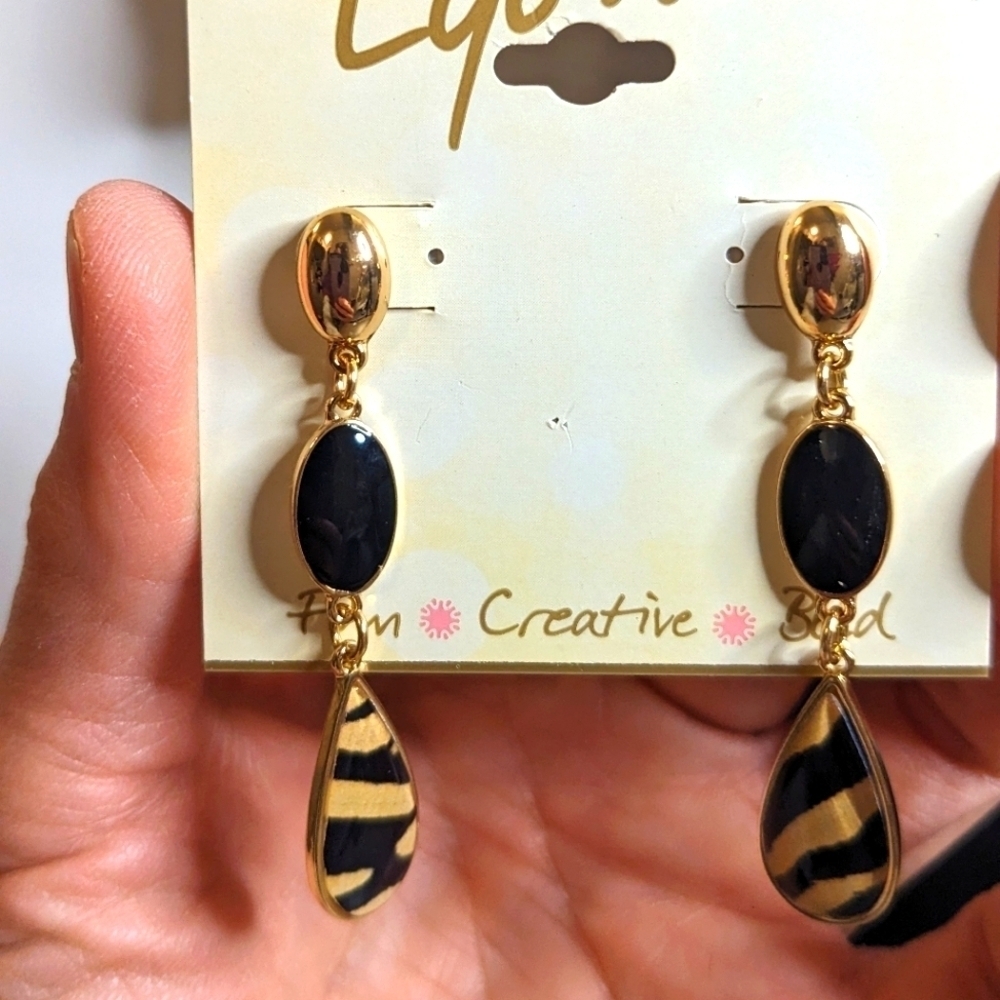 NWT Erica Lyons Gold Tone‎ Animal Print Drop Earrings